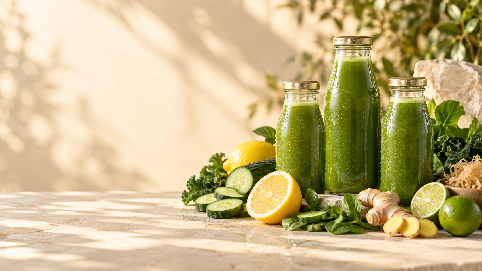 Fresh green juice bottles surrounded by cucumber, citrus, ginger, leafy greens, and natural ingredients.